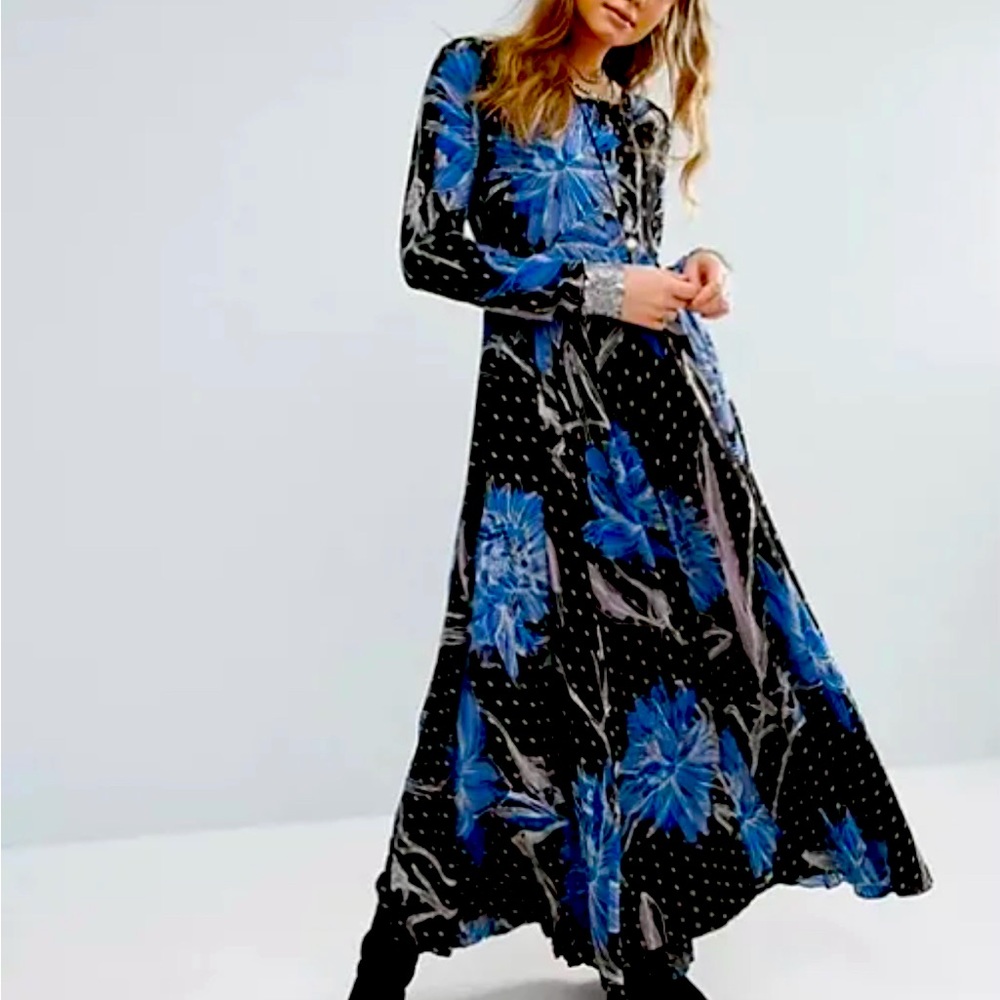Free People First Kiss Sketchy Floral Long Sleeve Maxi Dress Size M